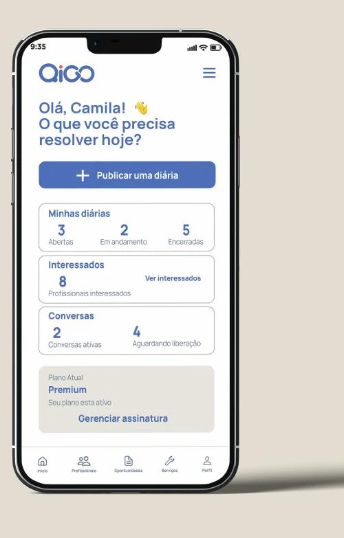 Tela real da área do Contratante no aplicativo QIGO
